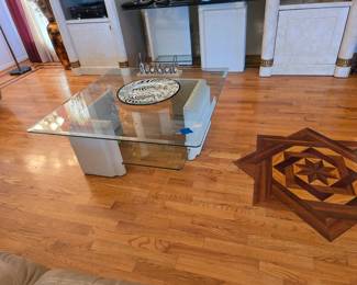 Post modern stucco and glass coffee table