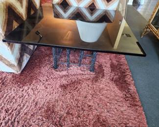 MID-CENTURY BRUTALIST TORCH-CUT IRON GLASS TOP SQUARE TABLE