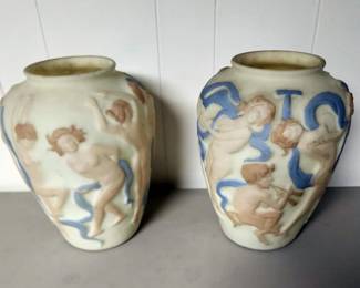 VINTAGE PAIR OF SATYRS & NUDE DANCING NYMPHS CONSOLIDATED PHOENIX VASES