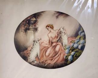 RARE VINTAGE LC RENART FEMALE W/DOGS ICART ART DECO LITHO