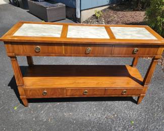 VINTAGE JOHN WIDDICOMB CONSOLE TABLE WITH MARBLE INSERTS. ALSO COMES WITH A SLATE TOP