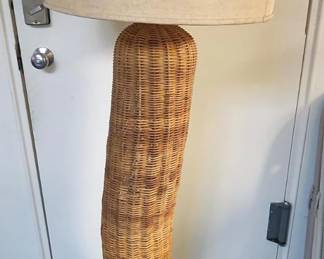 MID-CENTURY WICKER RATTAN OFF-SET BARREL FLOOR LAMP