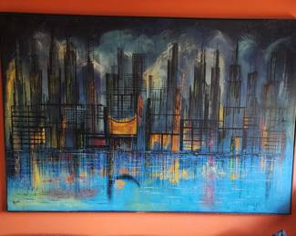 MID-CENTURY EXTREMELY LARGE CITY SCAPE OIL PAINTING SIGNED RUSSO