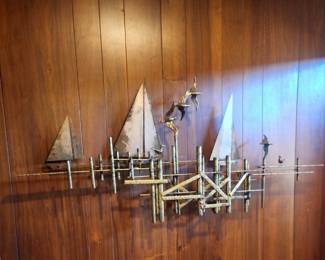 MIDCENTURY METAL SAILBOATS & DOCK WALL SCULPTURE SIGNED CURTIS JERE