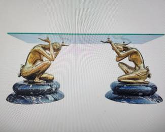 VINTAGE RARE ITALIAN ART DECO MARBLE & BRASS FIGURAL NYMPHS WITH GLASS TOP CENTER TABLE. (LARGE AND EXTREMELY HEAVY)