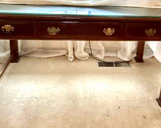 Wood Table with Drawers and Glass Top