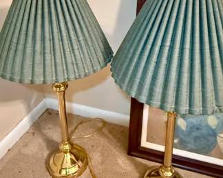Pair of Brass Table Lamps with Blue Shades