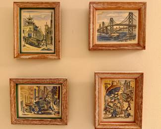 Framed Watercolor Paintings - Ted Lewy - Arts Creation San Francisco, California - "Flower Stand" - "Chinatown" - "Powell St. Turntable" - "San Fransisco Oakland Bay Bridge"