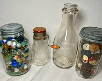Vintage Jars - Sealtest Dairy Bottle - Marbles - Buttons - Nut Grinder