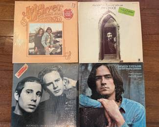 Vintage Vinyl LPs - John Denver "Back Home Again" - Jim Croce "You Don't Mess Around with Jim" - Simon & Garfunkel "Bookends" - James Taylor "Sweet Baby James"