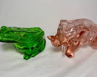 Glass Figurines - Green Frog and Pink Elephant