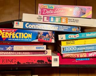 Various Board Games and Puzzles, including: Girl Talk Date Line, Connect Four, Life, Stellaluna
