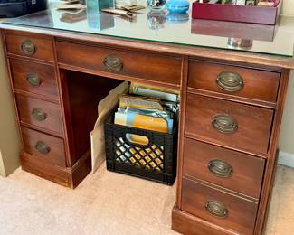 Vintage Double Pedestal Glass Top Desk with Drawers