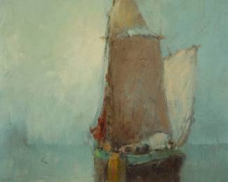1214
George Thompson Pritchard
1878-1962
"Morning Calm"
Oil on board
Signed lower left: G. Thompson Pritchard; titled on a partial older typed label affixed to the frame, verso
16" H x 12.25" W
Estimate: $400 - $600