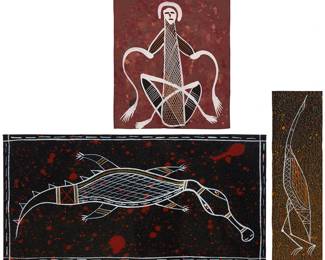 1453
Contemporary Aboriginal works
Three works:
Sidney Watts (20th/21st century)
"Crocodile," 2006
Acrylic on canvas
Signed, titled, dated, and inscribed, verso: Sidney Watts / 2006 / "Katherine NT"
12" H x 6" W
Edward Blitner (b. 1961)
"Rock Spirit"
Acrylic on canvas
Signed and titled, verso: E Blitner
10" H x 8" W
Sidney Watts (20th/21st century)
"Brolga," 2004
Acrylic on canvas
Signed, titled, and dated, verso: Sidney Watts / 2004
Estimate: $100 - $200