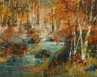 1235
Jack Laycox
1921-1984
"The Green Pool," circa 1970s
Oil on Masonite
Signed lower right: Jack Laycox; signed again and titled verso; titled again and dated on a label affixed to the frame's backing board
11" H x 14" W
Estimate: $200 - $300