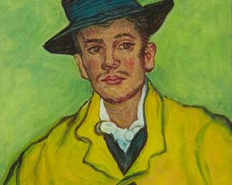 1311
Paul Saltarelli
1955-2019
"Portrait of Armand Roulin (1888)," after Vincent Van Gogh, 1998
Miniature oil on board
With the artist's signature, title, dates of the miniature and the original work, and inscribed in ink, all on the frame's backing paper: Paul Saltarelli / 1888 / 1998 / "after Vincent Van Go" [sic]
2.25" H x 2" W
Estimate: $300 - $500