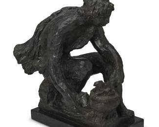 1139
After Pierre-Auguste Renoir & Richard Guino (1841-1919 & 1890-1973)
Le petit forgeron accroupi, conceived 1916
Patinated bronze on marble plinth
Signed in the casting: Renoir; foundry mark verso: C Valsuani / Cire Perdue
Bronze: 12.5" H x 12" W x 7.75" D; Overall: 13.75" H
Estimate: $300 - $500