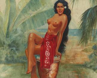 1319
Roger W. Fowler
1895-1973
Portrait of a Tahitian woman
Acrylic and pastel on paper
Signed and inscribed lower right: Roger Fowler / "Tahiti"
Sight: 25.25" H x 21.625" W
Estimate: $700 - $900