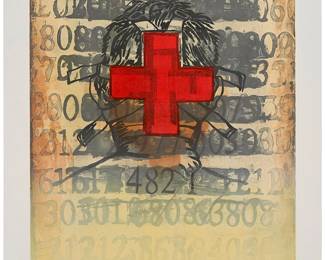 1419
Deborah Oropallo
b. 1954
"Red Cross," 1992
Woodcut and etching in colors on wove paper
Edition: 18/30
Signed, dated, and numbered in pencil in the lower margin: Oropallo 92; with an unidentified blindstamp in the lower left margin corner
Image 35.5" H x 31" W; Sheet 42.75" H x 37.25" W
Estimate: $600 - $800