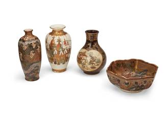 1159
20th century
Four Japanese Satsuma pottery vessels
Most variously marked to underside
The diminutive earthenware items, each heavily gilt and enameled depicting figural scenes, comprising a hexagonal bowl and three small vases, 4 pieces
Bowl: 2.5" H x 5.875" W x 5.25" D; Tallest vase: 6.25" H x 2.5" Dia.
Estimate: $500 - $700