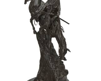 1182
After Frederic Remington
1861-1909
"Mountain Man," modeled 1903
Patinated bronze on marble plinth
Marked in the casting: Copyright by Frederic Remington
Bronze: 27.5" H x 19" W x 9.5" D; Overall: 28.75" H x 19" W x 12" D
Estimate: $400 - $600