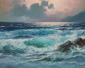 1195
Alexander Dzigurski
1911-1995
"California Sunset Seascape"
Oil on canvas
Signed lower right: A. Dzigurski; with the artist's copyright stamp verso: "Prof. Alex Dzigurski / American Marines and Landscapes"; titled on the certificate of authenticity
24" H x 36" W
Estimate: $1,000 - $2,000