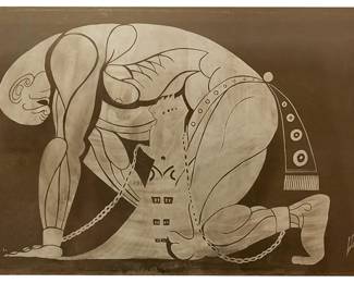 1134
Late 20th century
A frosted glass panel after Erté's "Samson and Delilah"
Etched spurious signature: Erté
Possibly a room divider, the monumental frosted glass panel after Romain (Erté) De Tirtoff's (1892-1990) "Samson and Delilah" serigraph originally printed 1980
59.625" H x 95.5" W
Estimate: $400 - $600
