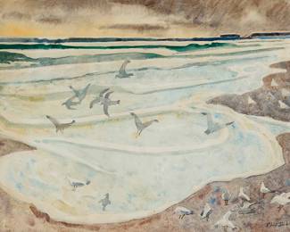 1197
Phil Dike
1906-1990
"The Changing Edge," 1977
Watercolor with traces of pencil on paper
Signed lower right: Phil Dike; signed again, titled, and dated on labels affixed to the frame's backing board
Sight: 17.625" H x 23.75" W
Estimate: $1,000 - $2,000