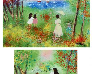 1345
Louis Cardin (b. 1931)
Two works:
Watching sailboats
Enamel on copper
Signed lower right: Cardin
8" H x 10" W
Gathering flowers
Enamel on copper
Signed lower right: Cardin
5" H x 7" W
Estimate: $100 - $200
