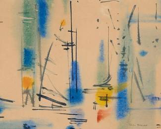 1208
Rex Brandt
1914-2000
"Race Scene #10"
Watercolor on paper
Signed, titled and numbered in pencil in the lower edge: Rex Brandt
Sight: 11.25" H x 19" W
Estimate: $1,000 - $2,000