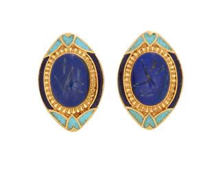 1047
A Pair of Gold, Lapis Lazuli and Enamel Earrings
Featuring oval carved lapis lazuli cabochons, accented by blue and turquoise enamel elements
2 pieces
Measures: 1 1/8 x 3/4 in.
17.6 grams gross
Estimate: $500 - $700