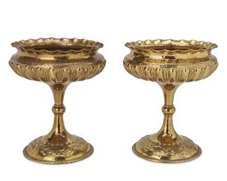 1154
Mid-20th century; Italy
A pair of Egidio Casagrande brass compotes
Marked to the underside: E. Casagrande / Italy / Borgo Valsugana / 142
Each hammered brass compote with all-over repousse and chased decoration and fluted rim, 2 pieces
Each: 14" H x 12.5" Dia.
Estimate: $100 - $200
