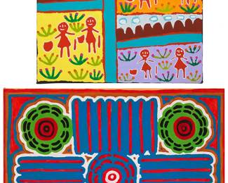 1450
Contemporary Aboriginal works
Two works:
Molly Jugadai Napaltjarri (20th century)
"Seven Sisters Dreaming"
Acrylic on linen
Signed along the left overflap of the linen: Molly Jugadai; titled on a label affixed to the stretcher; inscribed verso: "WFA01"
24" H x 24" W
Connie Collins-Nungarai (20th century)
"My Country - Yuemdumu"
Acrylic on canvas
Signed verso: Connie Collins-Nungarai; titled on a label affixed to the verso of the stretcher; inscribed verso: "Walpi" / "WBG112"
25" H x 32" W
Estimate: $200 - $300
