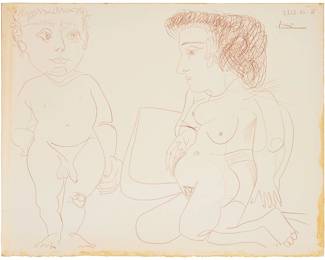 1406
In the Manner of Pablo Picasso
1881-1973
Nude woman and child in an interior, 20th century
Conte crayon on Arches paper
Bears signature, date, and number, all presumably in another hand, in the upper right corner: 23.12.66. II / Picasso
Image/Sheet: 19.75" H x 25.5" W
Estimate: $300 - $500