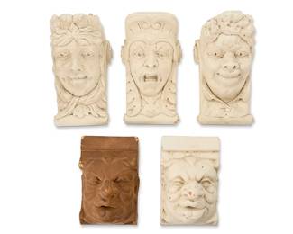 1151
1978 and 1979
A group of ceramic corbel busts
Three marked: Wooden Nickel © '78; two incised: '79 Kennedy
The terracotta architectural corbels, comprising three larger and two smaller, each depicting a different high relief bust and white enameled, one without enamel, 5 pieces
Largest 12.25" H x 9" W x 9.5" D; Smallest: 10.5" H x 7.5" W x 6.25" D
Estimate: $100 - $200