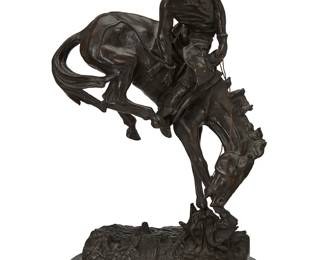 1183
After Frederic Remington
1861-1909
"The Outlaw," modeled 1906
Patinated bronze on marble plinth
Edition: 22/100
Marked in the casting: Copyright by Frederic Remington; numbered to base
Bronze: 22.75" H x 13.75" W x 6.75" D; Overall: 24" H x 14" W x 8.5" D
Estimate: $400 - $600