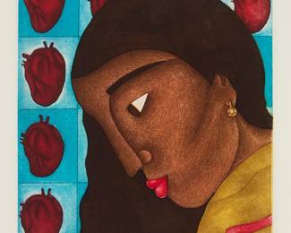 1392
Fernando Olivera
1962-2018
"Reyna de Corazones," 2007
Etching in colors on wove paper
Edition: 26/30
Signed, titled, dated, and numbered in pencil in the lower margin: F. Olivera 07
Image: 9.75" H x 8.75" W; Sight: 12.875" H x 11.375" W
Estimate: $300 - $500