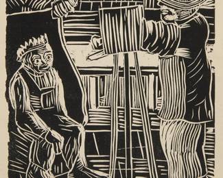 1397
Francisco Mora
1922-2002
"El Fotografo," circa 1941
Linocut on paper
From the edition of unknown size
Signed and dated in pencil in the lower margin: Mora / 1942
Image: 6.5" H x 4.75" W; Sheet: 10.375" H x 8.125" W
Estimate: $200 - $300