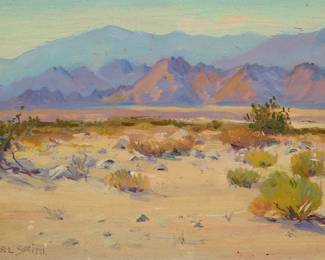 1262
Frank Carl Smith
1868-1955
"Near Palm Springs"
Oil on board
Signed lower left: F. Carl Smith; titled on a gallery label affixed verso
6" H x 8.5" W
Estimate: $400 - $600