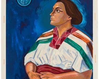 1396
Raul Anguiano
1915-2006
"Mujer con Luna"
Screenprint in colors on wove paper
Edition: A/P (there was also an edition of 100)
Signed and inscribed in pencil in the lower margin: P. Anguiano
Image: 36" H x 27" W; Sheet: 40" H x 30" W
Estimate: $300 - $500