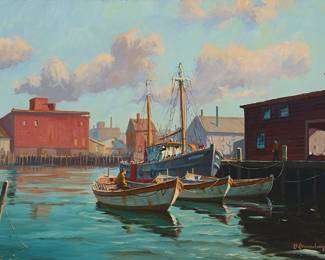 1209
Caspar (Cappy) Hjalmar Amundsen
1911-2001
Peaceful harbor
Oil on canvas
Signed lower right: H. Amundsen
24.25" H x 36.25" W
Estimate: $800 - $1,200