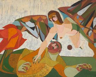 1417
Walter Peregoy
1925-2015
Abstract Lamia and Valkyrie, 1964
Oil on Masonite
Signed and dated lower right: Peregoy '64
24" H x 35" W
Estimate: $800 - $1,200