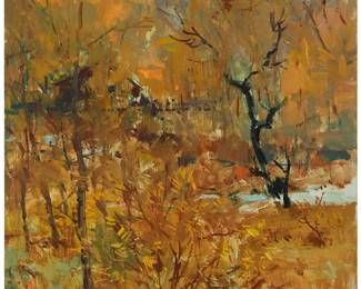 1360
Sergei Bongart
1918-1985
Ranch with creek, 1975
Oil on Masonite
Signed and dated lower left: Sergei Bongart 75
30" H x 24" W
Estimate: $400 - $600