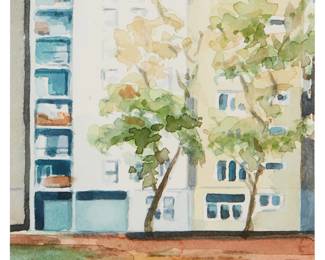 1309
Tom Fabritius
b. 1972
Highrises with trees, 2003
Watercolor on paper
Signed and dated in pencil on the verso of the lower edge, at center: Tom Fabritius 2003
Image/Sheet: 4.75" H x 4.75" W
Estimate: $300 - $500