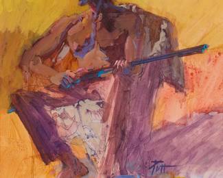 1294
Donald "Putt" Putman
1926-2007
Seated man holding a rifle
Acrylic, watercolor, and ink on board
Signed lower right: Putt
Sight: 19.5" H x 15.5" W
Estimate: $300 - $500