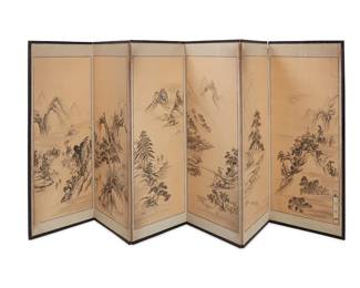 1161
20th century
A Japanese six-panel byobu screen
Signed lower right in applied paper cartouche
The painted rice paper screen in a wood frame, each panel depicting a landscape scene depicting figures and rural village buildings
Each panel: 60.5" H x 23.75" W x 0.75" D; Stored: 4.75" D
Estimate: $100 - $200