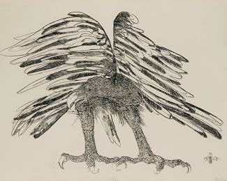 1362
Leonard Baskin
1922-2000
Eagle, 1966
Etching on paper
Edition: 17/50
Signed and numbered in pencil in the lower margin: Baskin; initialed and dated in the plate
Plate: 9" H x 12.25" W; Sight: 9.25" H x 12.5" W
Estimate: $300 - $500