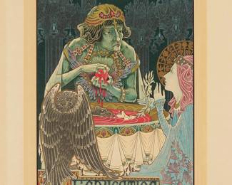 1336
Jules Marcel-Lenoir
1872-1931
"L'Education," 1897
Lithograph in colors, including bronze metallic ink and a beige tone stone on smooth wove paper
Edition: 14/25 (there was also a numbered edition of 175)
Signed in pencil in the lower margin, at left, possibly in another hand; numbered in pencil in the lower right corner of the image, possibly in another hand
Main image:13.125" H x 9.25" W; Tone stone: 14.75" H x 10.75" W; Sheet: 22" H x 17.5" W
Estimate: $300 - $500