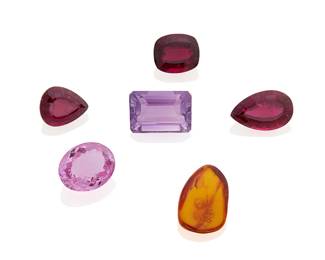 1078
A Group of Loose Gemstones
Including three rubellite tourmalines, two amethysts and one amber bead weighing approximately 31.65 carats total
Estimate: $300 - $500